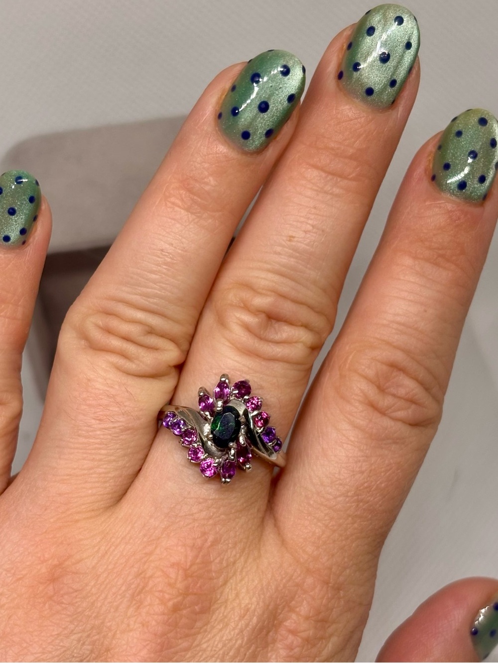 925 Sterling Silver Pink Rhodolite & Black Opal Floral Ring, size 8